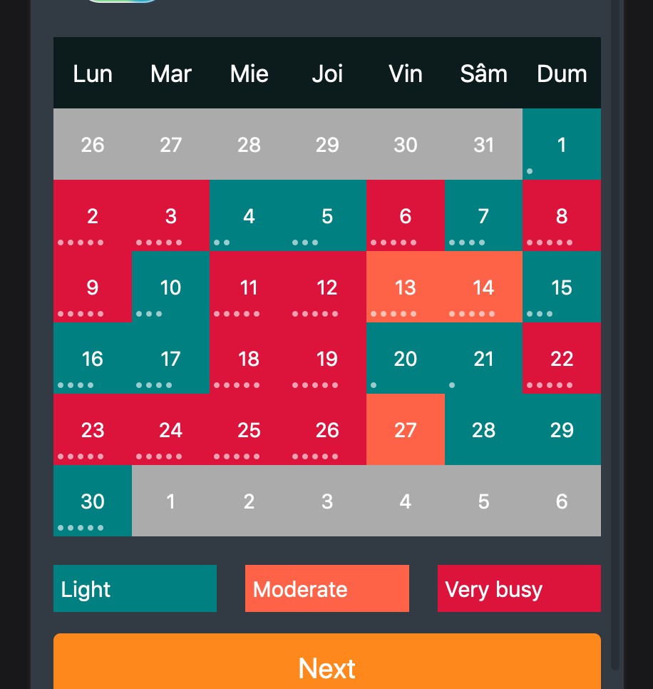 calendar with dots and color-coded